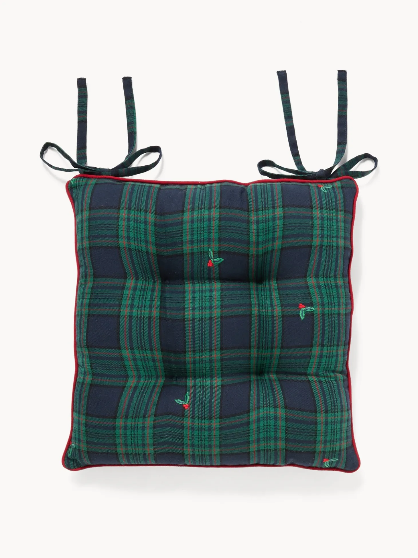 Cuscino da sedia con lacci in twill di cotone con ricami agrifoglio