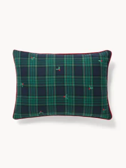 Cuscino 35x50 in cotone motivo tartan con ricami agrifoglio