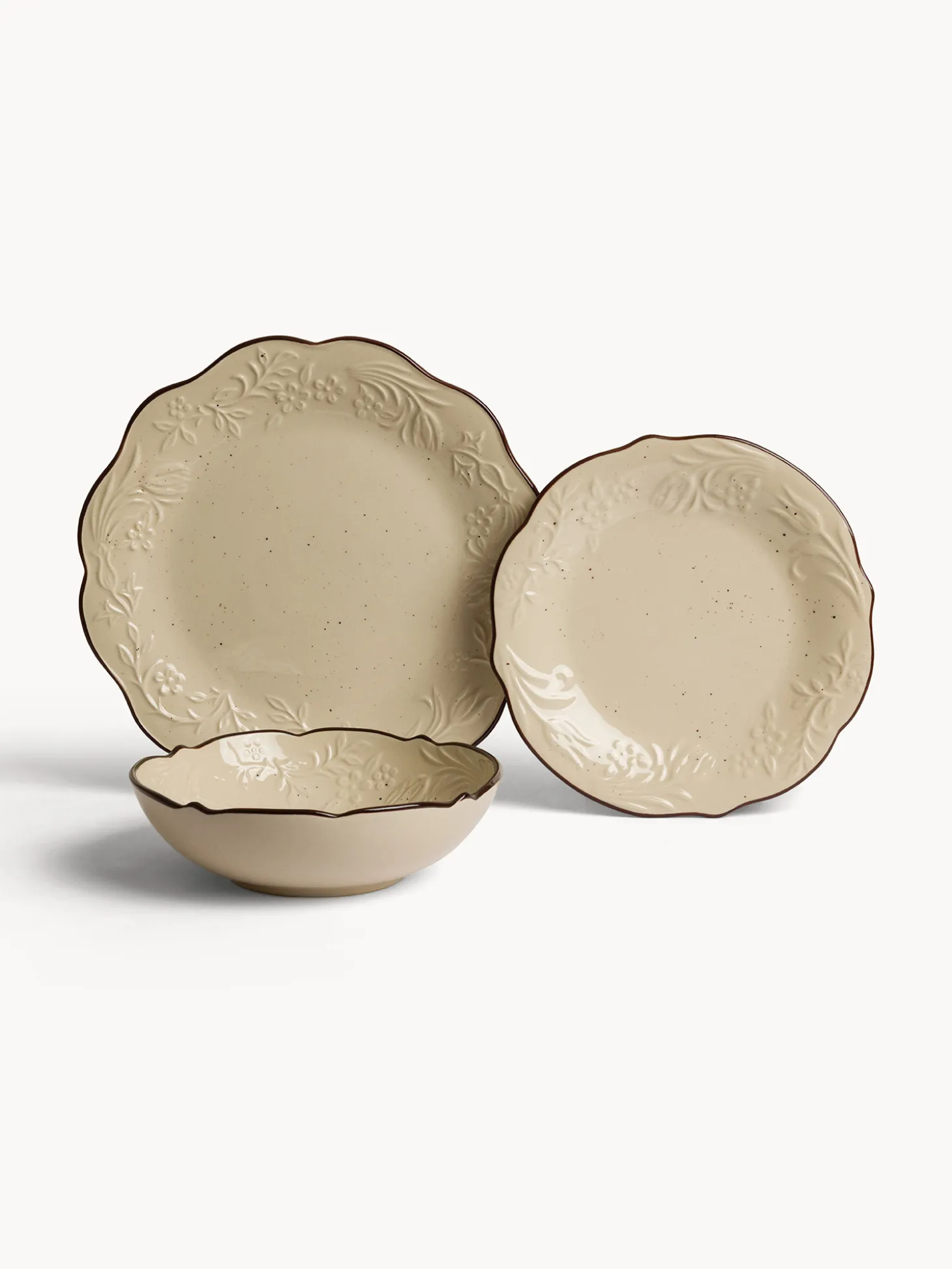 Piatto frutta in stoneware con filo marrone