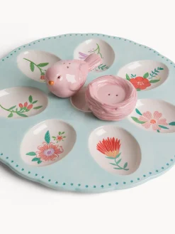 Piatto porta uova con uccellini sale e pepe in ceramica