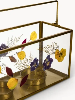 Porta t-light in vetro ed ottone con fiori secchi