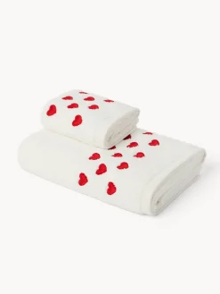Set 2 asciugamani in spugna di cotone con ricamo a cuori