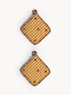 Set 2 presine in puro cotone tinto filo motivo check e ricamo zucche allover