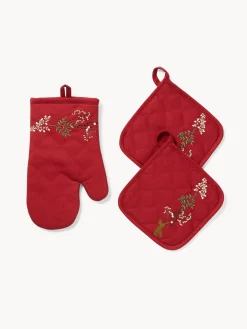 Set di 2 presine e guanto da cucina in twill di puro cotone ricamo agrifoglio