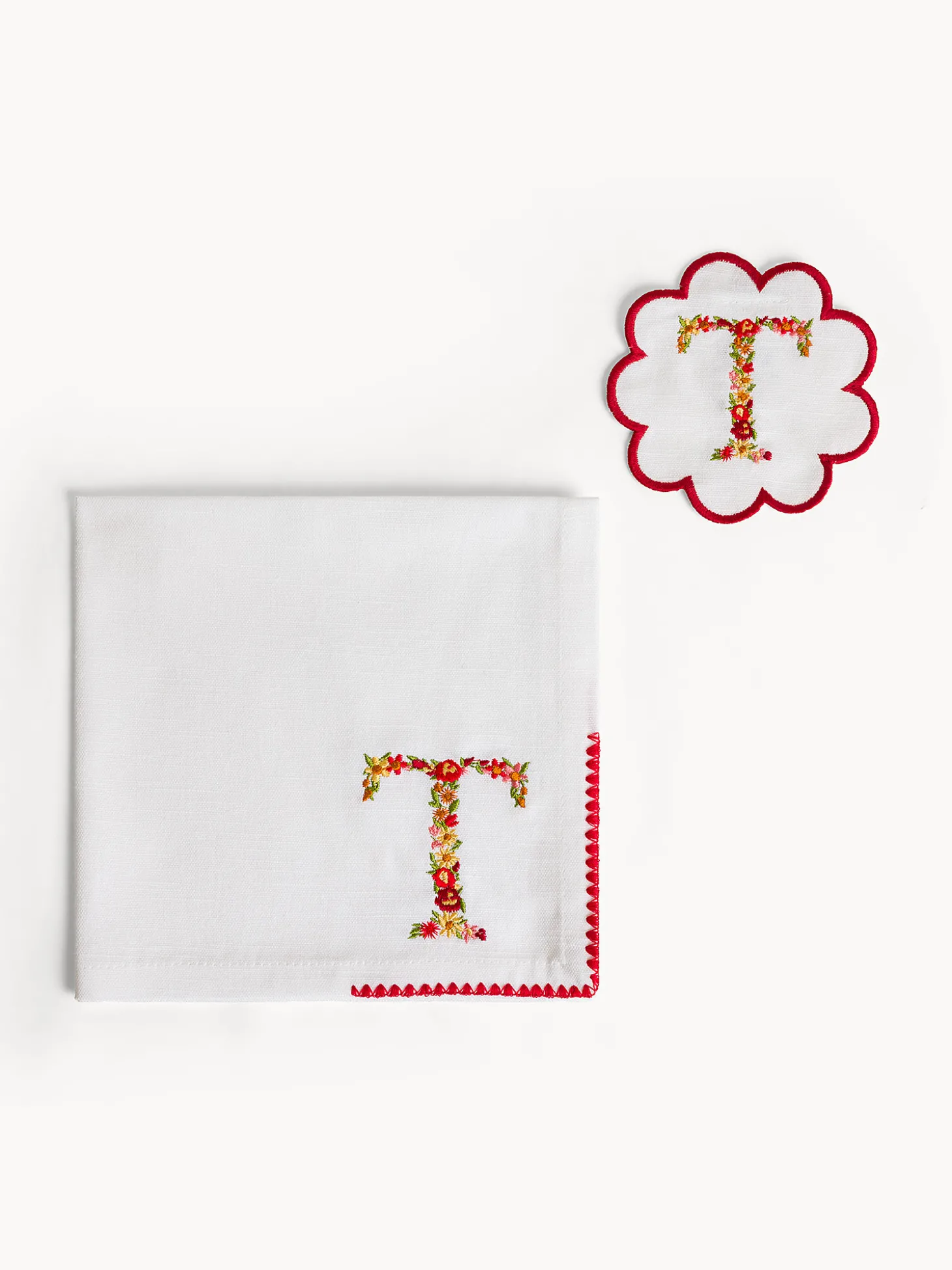 Set tovagliolo e sottobicchiere lettera ricamata T