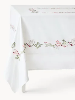 Tovaglia in puro twill di cotone ricamo piazzato agrifoglio