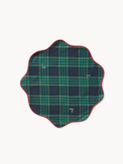 Tovaglietta tartan in twill di cotone con ricami agrifoglio e bordi smerlati