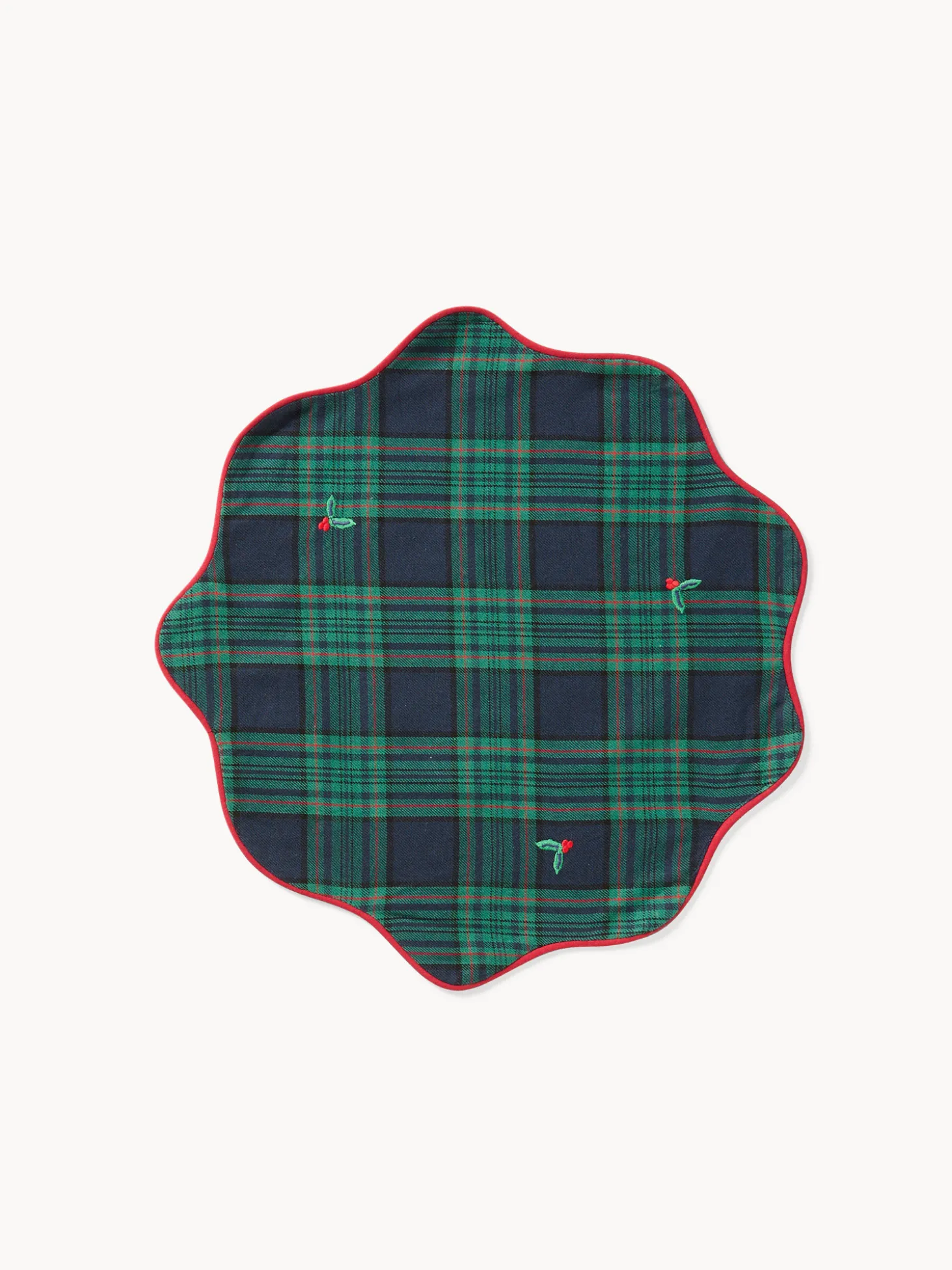 Tovaglietta tartan in twill di cotone con ricami agrifoglio e bordi smerlati