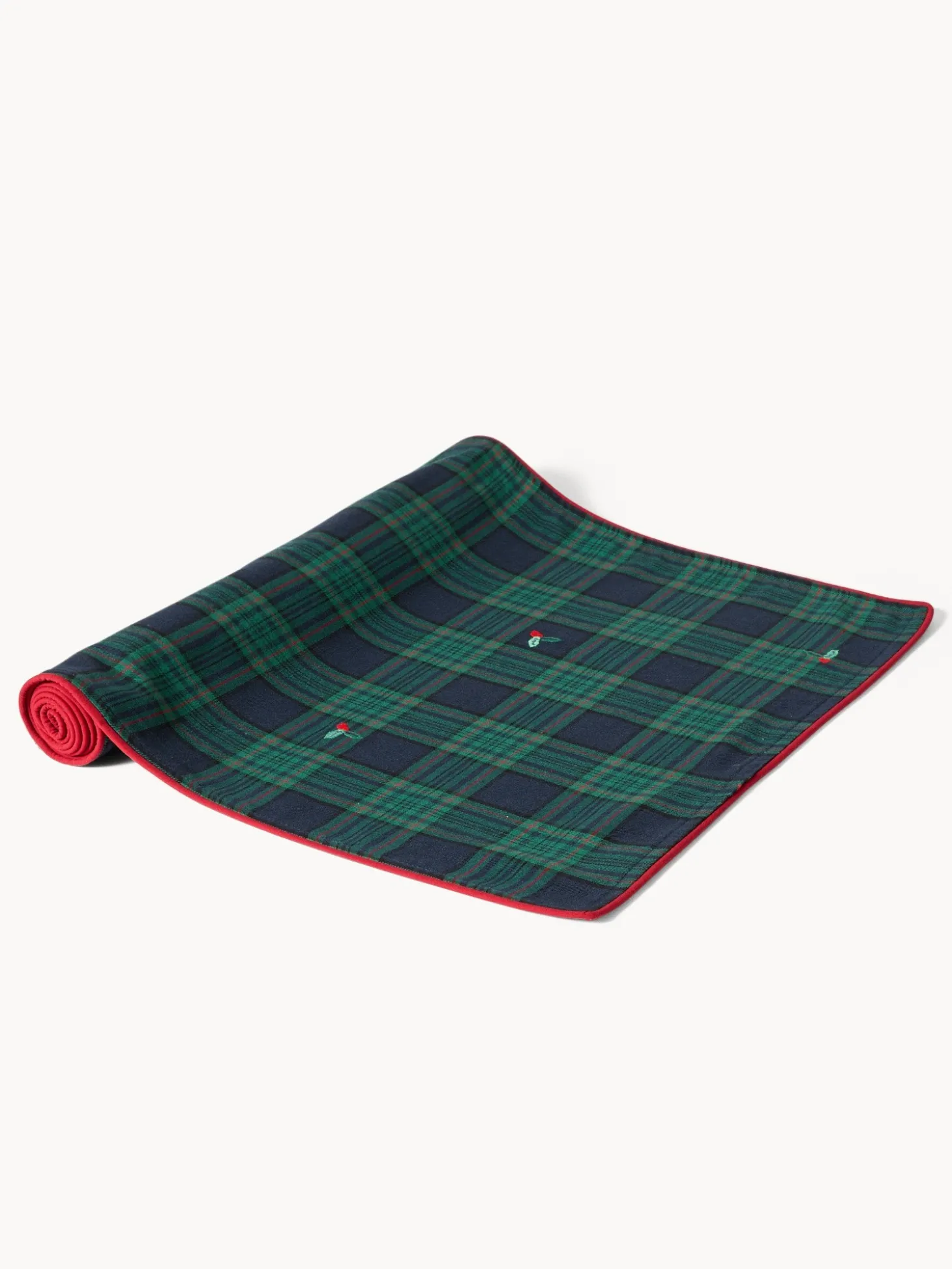 Tovaglietta tartan in twill di cotone con ricami agrifoglio e bordi smerlati
